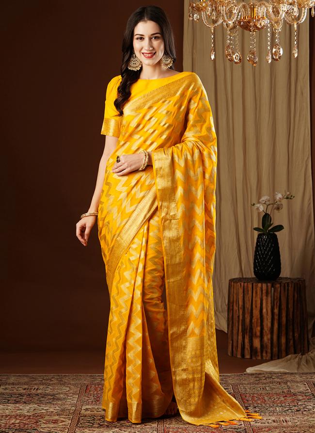 Pure Georgette Yellow Festival Wear Weaving Saree